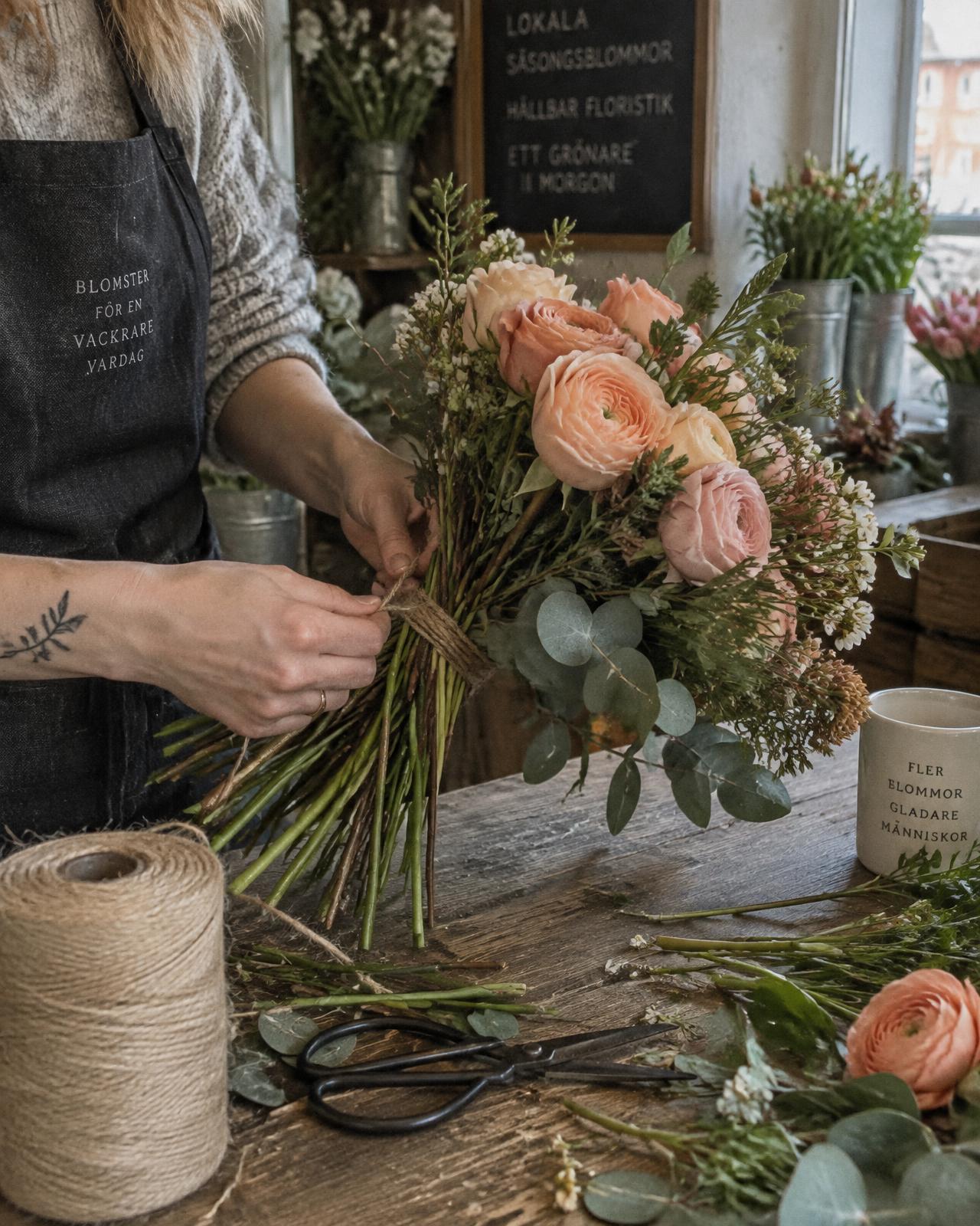 Blomsterdekoratør som binder en bukett